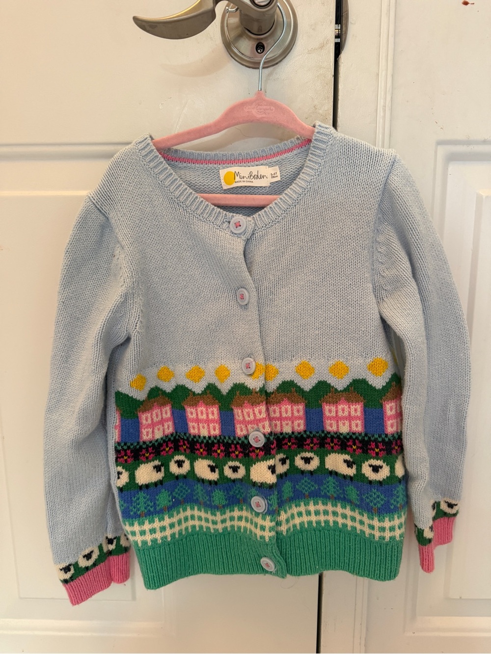 Mini Boden Light Blue Crewneck Sweater with Pink and Green Cuff Detail